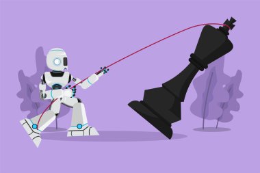 Çizgi film düz stil robot çizimi kral satrancı iple çekiyor. Oyun başarısı, strateji, rekabetçi, stratejik hedefler. Modern robot yapay zekası. Grafik tasarım vektör çizimi