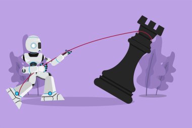 Karakter düz çizim robot halatla büyük kale satrancını çekiyor. Yarışmayı kazanmak için taktik ve strateji. İnsansı robot sibernetik organizma. Robot gelişimi. Çizgi film tasarım vektör çizimi
