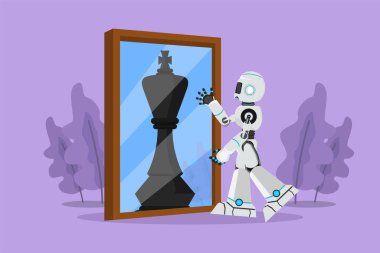 Aynanın önünde duran, satranç kralını yansıtan düz çizim robotu. Güven metaforu. İnsansı robot sibernetik organizma. Geleceğin robot gelişimi. Çizgi film tasarım vektör çizimi