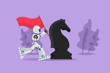 Çizgi film düz çizim robot büyük at satrancının yanında koşuyor ve bayrak tutuyor. Kazanan yarışma. Robot yapay zeka. Teknoloji endüstrisi. Grafik tasarım vektör çizimi