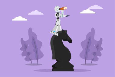 Teleskop kullanarak en üstteki büyük at satranç taşının üzerinde duran düz çizim robotu başarıyı arıyor. Geleceğin teknoloji gelişimi. Yapay zeka. Çizgi film biçimi vektör illüstrasyonu