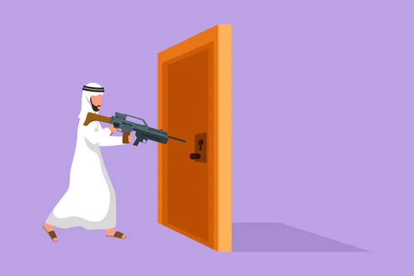 用猎枪指着门把手的阿拉伯商人 商业突破斗争 成功或赢得竞争的力量 打开关闭的门卡通设计矢量图解 — 图库矢量图片