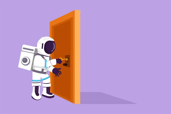 Cartoon Επίπεδη Στυλ Σχέδιο Νεαρός Αστροναύτης Εισάγει Κλειδί Στην Κλειδαρότρυπα — Διανυσματικό Αρχείο