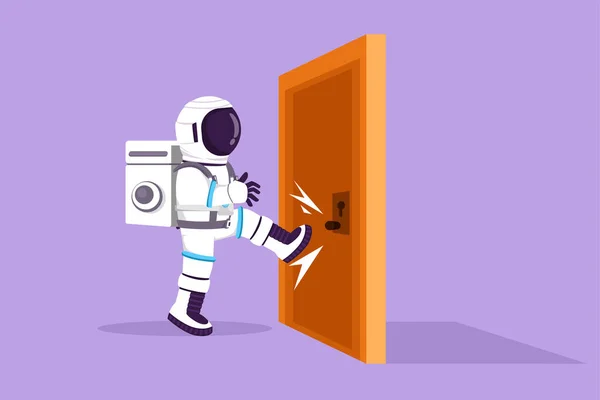 Cartoon Επίπεδη Στυλ Σχέδιο Νεαρός Αστροναύτης Κλωτσιές Πόρτα Κλειστή Πόδι — Διανυσματικό Αρχείο