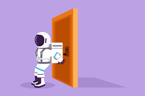 Γραφική Επίπεδη Σχεδίαση Του Νεαρού Αστροναύτη Ωθώντας Την Πόρτα Την — Διανυσματικό Αρχείο