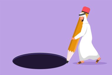 Çizgi filmlerdeki düz çizim genç Arap adam büyük kalemle çember çiziyor. İş hilesi, iş adamı delik tuzağı. Başarısızlık ya da yenilgi girişimcisi. Grafik tasarım vektör çizimi