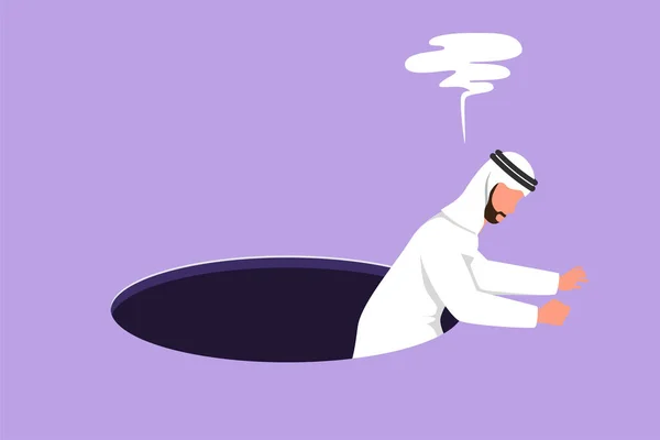 Cartoon Flat Style Drawing Arab Businessman Trying Get Out Hole — Stock Vector