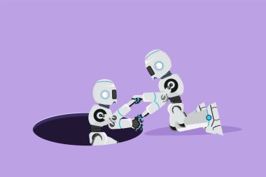 Çizgi film düz çizim robotu arkadaşına delikten çıkararak yardım ediyor. Teknik iş mücadelesi, takım çalışması. Modern robot yapay zeka teknolojisi. Grafik tasarım vektör çizimi