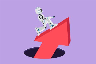 Çukurdan çıkan büyük bir okun üzerinde duran robotun düz çizimi. Teknik mali grafik yükseliyor. İş büyümesi. İnsansı sibernetik organizma. Geleceğin robotu. Çizgi film tasarım vektör çizimi