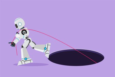 Çizgi film düz çizim robotu bir şeyi delikten büyük bir sorunla yüzleşmeye sürüklemek için çok çabalıyor. Modern robot yapay zeka endüstrisi. Grafik tasarım vektör çizimi