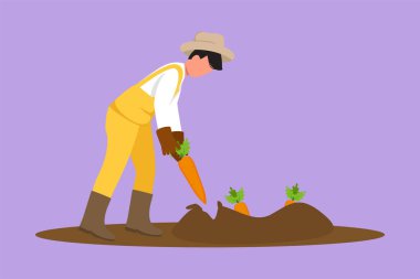 Çizgi film düz karakter tarzı havuç toplayan erkek çiftçi. Çekici genç adam bahçıvanlığı. Sebze ekimi, bahçıvanlık. Sonbahar hasat toplama. Grafik tasarım vektör çizimi