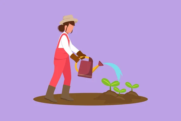 Character Flat Drawing Woman Watering Plants Water Can Farming Activity — Stock Vector
