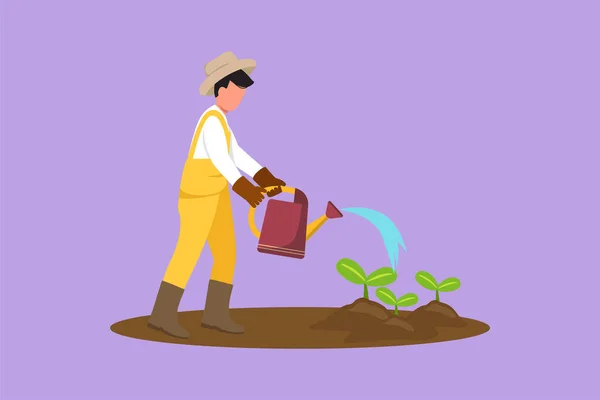 Graphic Flat Design Drawing Young Male Farmer Working Garden Watering — Stock Vector