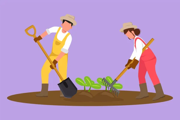 stock vector Cartoon flat style drawing young couple farmers shoveled the soil with plants using shovel and rake. Farming challenge at rural or countryside. Planting new plants. Graphic design vector illustration