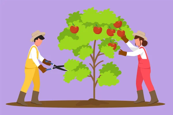 Grafik Düz Tasarım Bahçedeki Ağaçla Ilgilenen Tarım Bahçıvanları Çiziyor Çiftçi — Stok Vektör