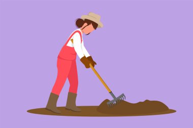 Grafik düz tasarım dişi çiftçi tarlasını çiziyor ya da tırmık ya da tırmık kullanarak toprağı sürüyor. Köyde yeni ekim sezonuna başlıyoruz. Organik ürünleri olan başarılı bir çiftçi. Çizgi film biçimi vektör illüstrasyonu