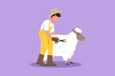 Grafik düz tasarım mutlu erkek çiftçi makasları çizerek kazak yapıyor. Kırsal kesimde koyun yetiştiriciliğinin sonuçları. Çiftlik hayvanları işçisi aktiviteleri. Başarılı çiftçilik. Çizgi film biçimi vektör illüstrasyonu