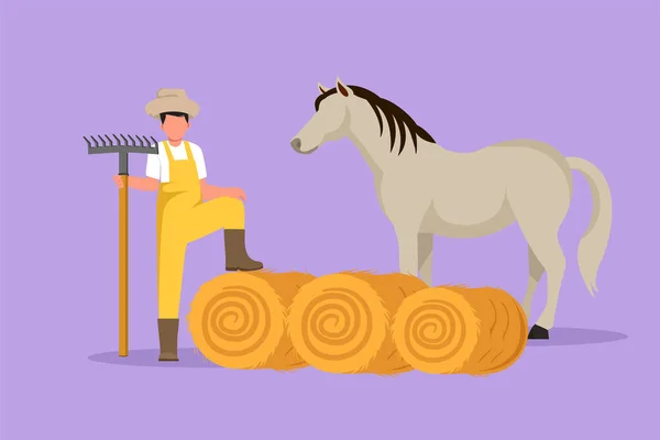 グラフィックフラットデザインは 農家で働く牧場主を描きます 雄の農家は干し草で馬を養う 畜産技術者がピッチフォークで働き 種牡馬のための食料を収穫する 漫画風ベクトルイラスト — ストックベクタ