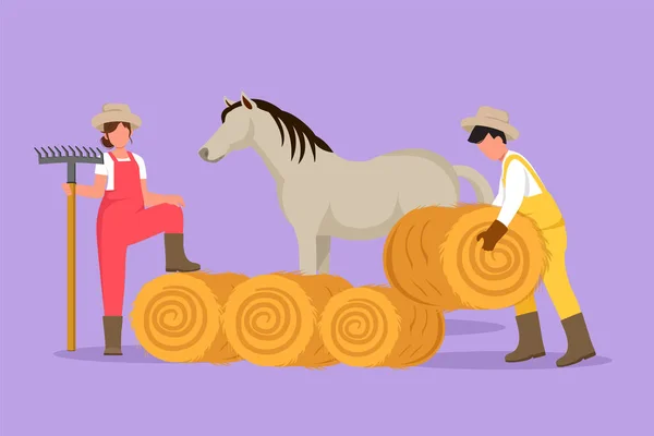 農家で働く文字フラット描画牧場 干し草で馬に餌を与えるカップル農家 畜産技術者がピッチフォークで働き 種牡馬のための食料を収穫する 漫画デザインベクトルイラスト — ストックベクタ