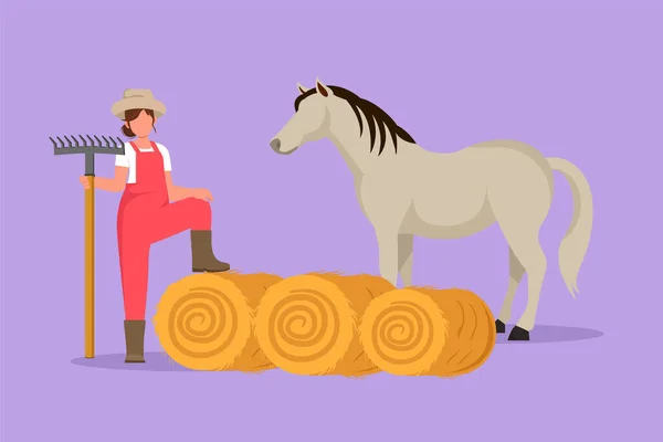 農家で働く文字フラット描画牧場 雌の農家は干し草で馬を養う 畜産技術者がピッチフォークで働き 種牡馬のための食料を収穫する 漫画デザインベクトルイラスト — ストックベクタ