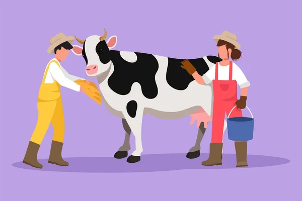 stock vector Cartoon flat style drawing female farmer standing and rubbing the cow while carrying bucket of water. Man feeding farm animal with grass or hay. Successful farming. Graphic design vector illustration