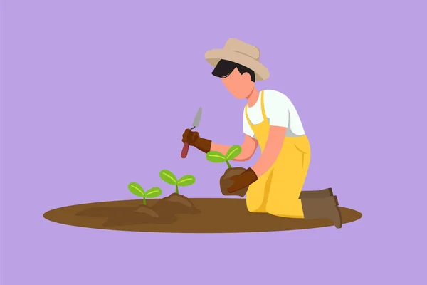 Cartoon Flat Style Drawing Happy Young Male Farmer Planting Plant — Stock Vector