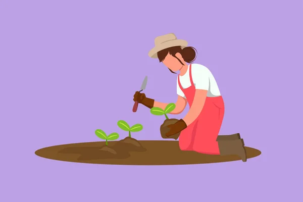 Graphic Flat Design Drawing Happy Young Female Farmer Planting Plant — Stock Vector