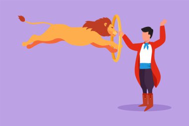 Eğitmen tarafından tutulan bir aslanın daireler çizmesi. Antrenör dikkatlice ayağa kalkar. Çok zorlayıcı bir sirk gösterisi. Başarılı iş eğlencesi. Çizgi film tasarım vektör çizimi