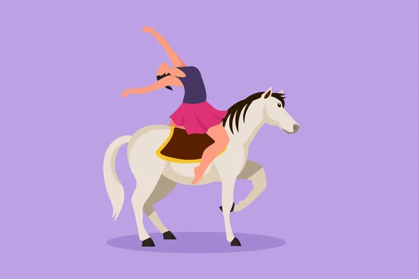 キャラクターフラット描画女性アクロバットは馬に乗って踊りながらサーカスの馬で実行し 彼女の手を上げる 馬が踊りに加わる サーカスショーイベントエンターテイメント 漫画デザインベクトルイラスト — ストックベクタ