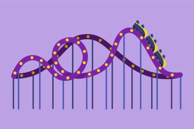 Gökyüzüne doğru uzanan bir lunaparkta renkli roller coaster çizen karakter. Eğlence festivali açık hava konseptiyle oynanır. Popüler aşırı sürüşler. Çizgi film tasarım vektör çizimi