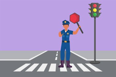 Trafik ışıklarının yanında, üniformalı, trafik işaretini kaldıran, trafik saatlerinde kalabalığı kontrol eden bir polis memuru çiziyor. Çizgi film biçimi vektör illüstrasyonu