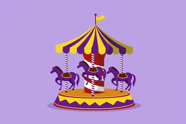 色彩斑斓的马鞍在游乐园中的人物画 马在帐篷下摇曳着国旗 快乐的童年在户外音乐节上玩 卡通设计矢量图解 — 图库矢量图片