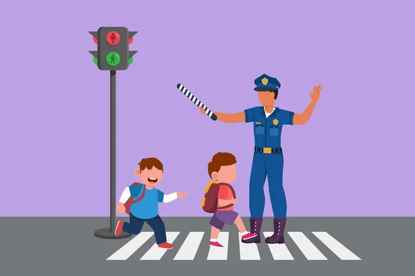 Çizgi film dairesi çizen ilkokul öğrencileri zebra geçidinde karşıya geçerken trafik polisinin elinde dur işaretleri tutmasına yardımcı oluyor. Yaya ya da yaya yolu kavramı. Grafik tasarım vektör çizimi