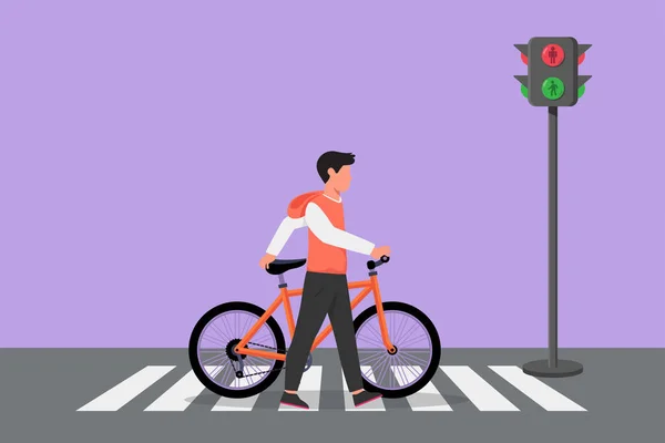交差点のゼブラクロスを横断する自転車に歩いて若い男の漫画のフラットスタイルの図面 サイクリングは都市の人々のライフスタイルとなっています 健康的な生活 グラフィックデザインベクトルイラスト — ストックベクタ