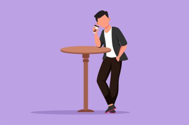 Çizgi film düz stil, kafeteryada dinlenen genç adam masasında duruyor. Kahve molası, günlük konsept. Lokantada sıcak kahve içmek. Grafik tasarım vektör çizimi