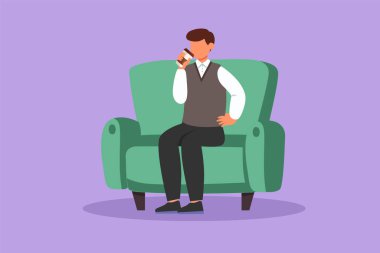 Çizgi film düz stil iş adamı koltukta oturur, dinlenir, çay içer. Yönetici elinde bir fincan kağıt kahve tutuyor. Ofiste tatilin tadını çıkarıyorum. Grafik tasarım vektör çizimi