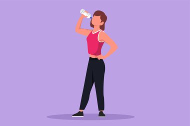 Grafik düz tasarım, ayakta duran ve şişeden taze su içen genç bir kadını spor ve spor sonrası sağ eliyle çekiyor. Sağlıklı yaşam tarzı ve tazelik. Çizgi film biçimi vektör illüstrasyonu