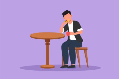 Çizgi film düz stil mutlu adam çiziyor İtalyan pizzası yiyor ve elinde bir fincan kahve tutuyor. Genç bir erkek lezzetli bir yemek yiyor ve restoranda masada oturuyor. Grafik tasarım vektör çizimi