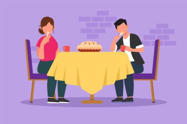 Pastayla çay saati çizme karakteri. Mutlu genç çift oturur, konuşur, içer ve yemek yer. Daire odası, kurabiye ve kahveyle arkadaş akşamı. Rahat bir ev. Çizgi film tasarım vektör çizimi