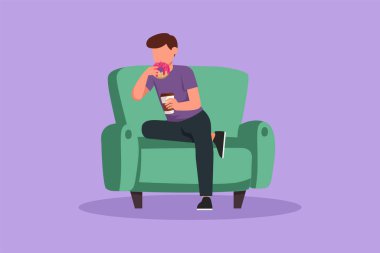 Kanepede oturan, çörek yiyen ve kahve içen bir adamın düz çizimi. Aç erkek elinde sıcak içecek ve tatlı tatlıyla kağıt bardak tutuyor. Fast food konsepti. Çizgi film tasarım vektör çizimi