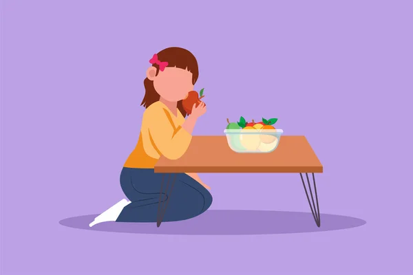 角色平平的画美丽的小女孩坐在桌旁吃苹果 橙色和芒果放在碗里放在家里的桌子上 儿童健康的水果和食物 卡通设计矢量图解 — 图库矢量图片