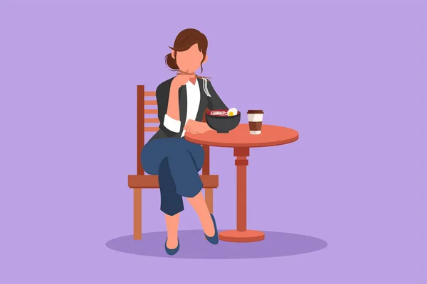 平面平面设计 画了一位漂亮的女士坐在餐厅的桌子上 吃着筷子面 吃着咖啡杯 吃着早餐 美味的快餐 卡通风格矢量插图 — 图库矢量图片
