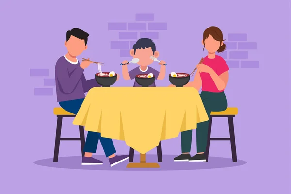 stock vector Cartoon flat style drawing father mother and little son character eating noodle at dining room. Happy family having dinner with delicious ramen. Tasty Japanese food. Graphic design vector illustration