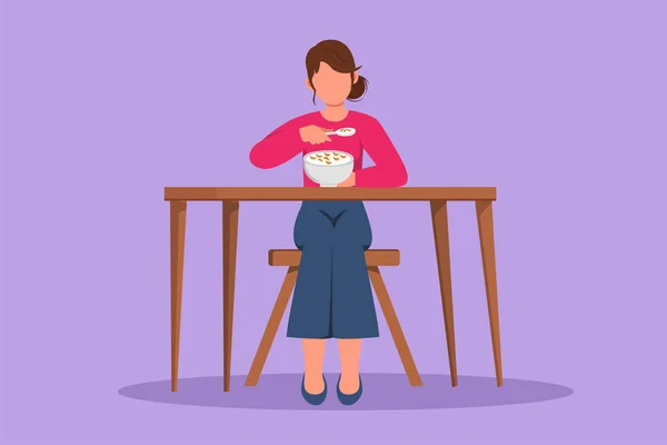 图上的平面设计吸引快乐的女人吃早餐与麦片和牛奶 漂亮的女人坐在桌旁 吃着美味的菜 健康的营养食品 卡通风格矢量插图 — 图库矢量图片