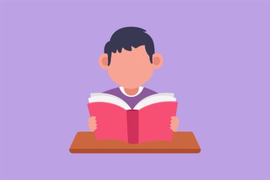 Küçük bebeğin düz çizimi öğrenme masasında kitap okuyor. Bilginin kaynağı. Zeki genç erkek öğrenci. Eğitim ve entellektüel kavram. Çizgi film tasarım vektör çizimi