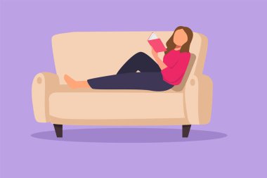 Çizimsel düz tasarım, genç bir kadını kanepede yatarken ve evde kitap okurken çiziyor. Mutlu kadın edebiyatı. Kişisel eğitim, uzak eğitim, rahatlatıcı konsept. Çizgi film biçimi vektör illüstrasyonu