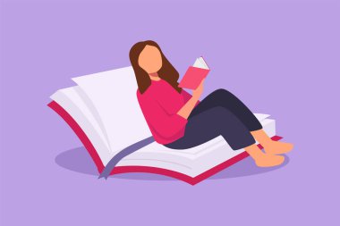 Genç bayanların okuması, öğrenmesi ve açık büyük bir kitabın üzerinde oturması. Kütüphanede okuyan zeki bir öğrenci. Edebiyat hayranları, kitap severler, eğitim kavramı. Çizgi film tasarım vektör çizimi