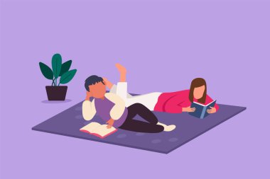 Çizgi filmlerdeki gibi yatakta uzanıp kitap okuyan sevimli bir çift çiziyor. Genç adam ve kadın edebiyattan hoşlanıyor. Karı koca evde birlikte vakit geçiriyorlar. Grafik tasarım vektör çizimi