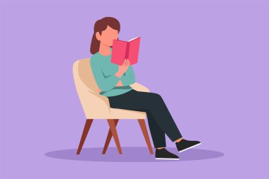 Akıllı kız öğrencinin kütüphanede ya da kitapçıda oturup kitap okuduğu grafiksel düz tasarım çizimi. Kadın öğrenci ders çalışıyor. Kadın eğitimi, öğrenme, ders. Çizgi film biçimi vektör illüstrasyonu