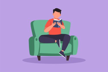 Kanepede oturmuş kitap okuyan bir gencin çizdiği düz çizgi film. Kanepe, öğrenci ya da iş adamı olan oturma odası kavramı. Kitap kurdu erkek, okumayı seviyor. Grafik tasarım vektör çizimi